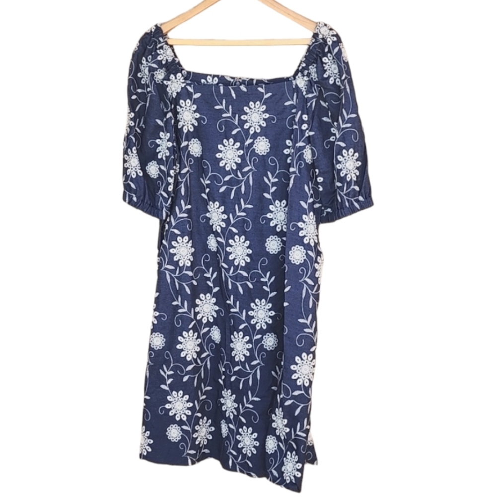 ANNE KLEIN Blue Embroidered Chambray Denim Dress 12 Floral Cotton Shift - Picture 7 of 16
